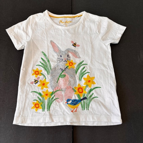 Mini Boden Other - Mini Boden Girls White Embroidered Bunny Rabbit Bird T-Shirt 5-6Y Crewel
